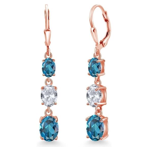 18K Rose Gold with 6.20 Cttw 3 Stone London Blue and White Topaz Drop Earrings